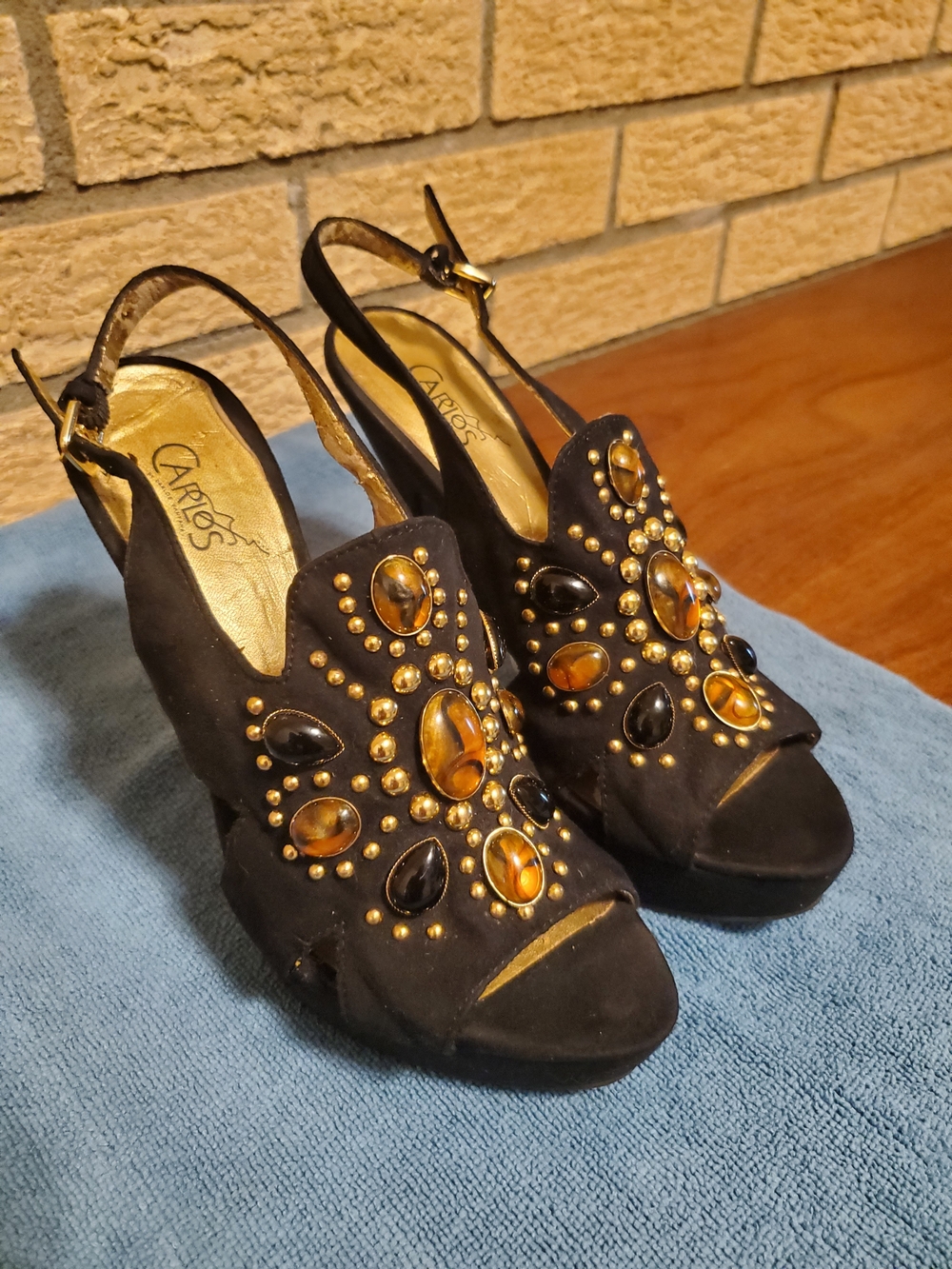 Carlos by Carlos Santana Black Suede Slingback Heels with Amber and Black Jewels